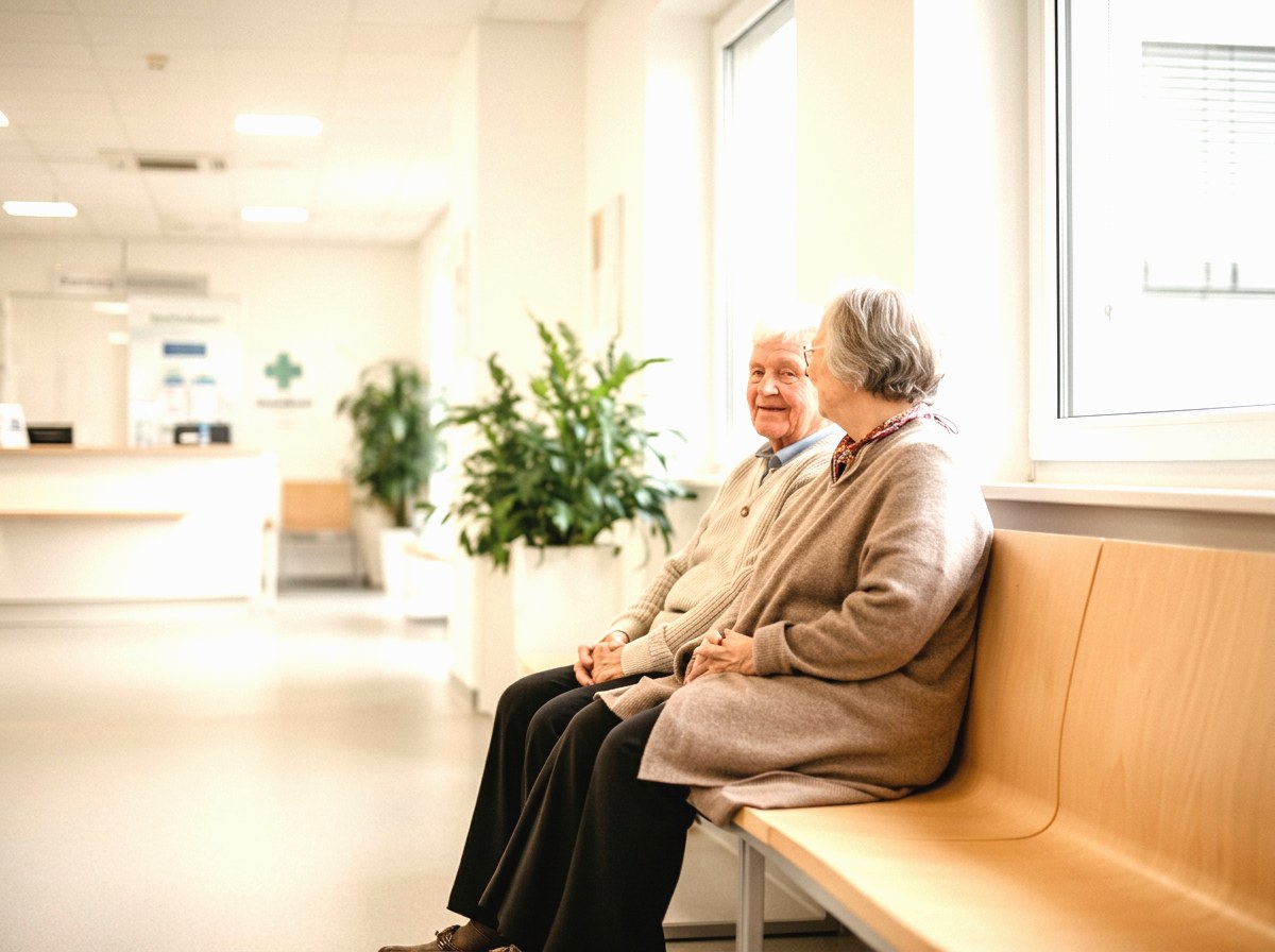 Angehörige begleiten Patient:innen im hellen Wartebereich der Praxis